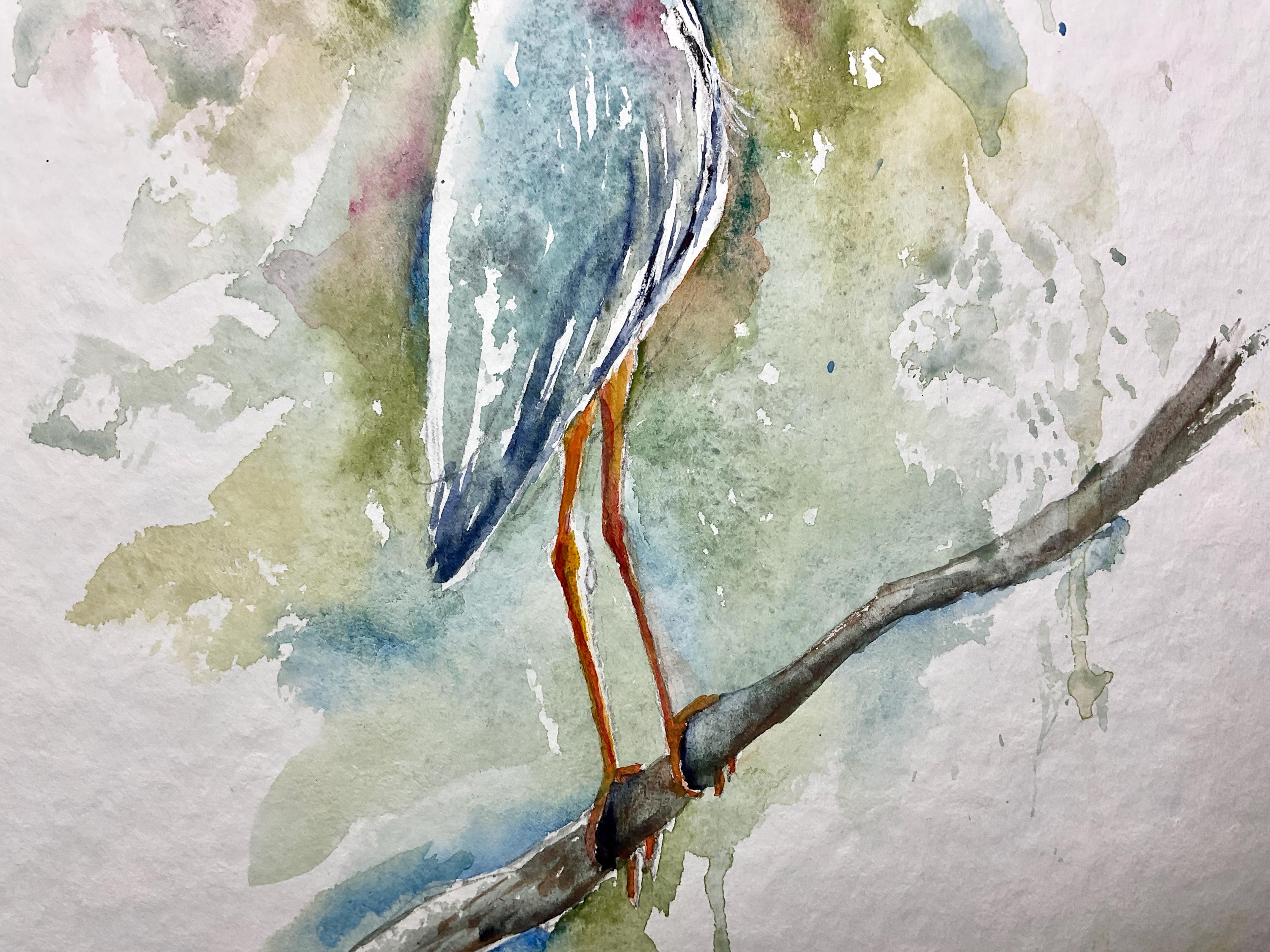 アオサギの絵画、オリジナルの水彩画、湿地や池の水鳥の絵画、鳥の