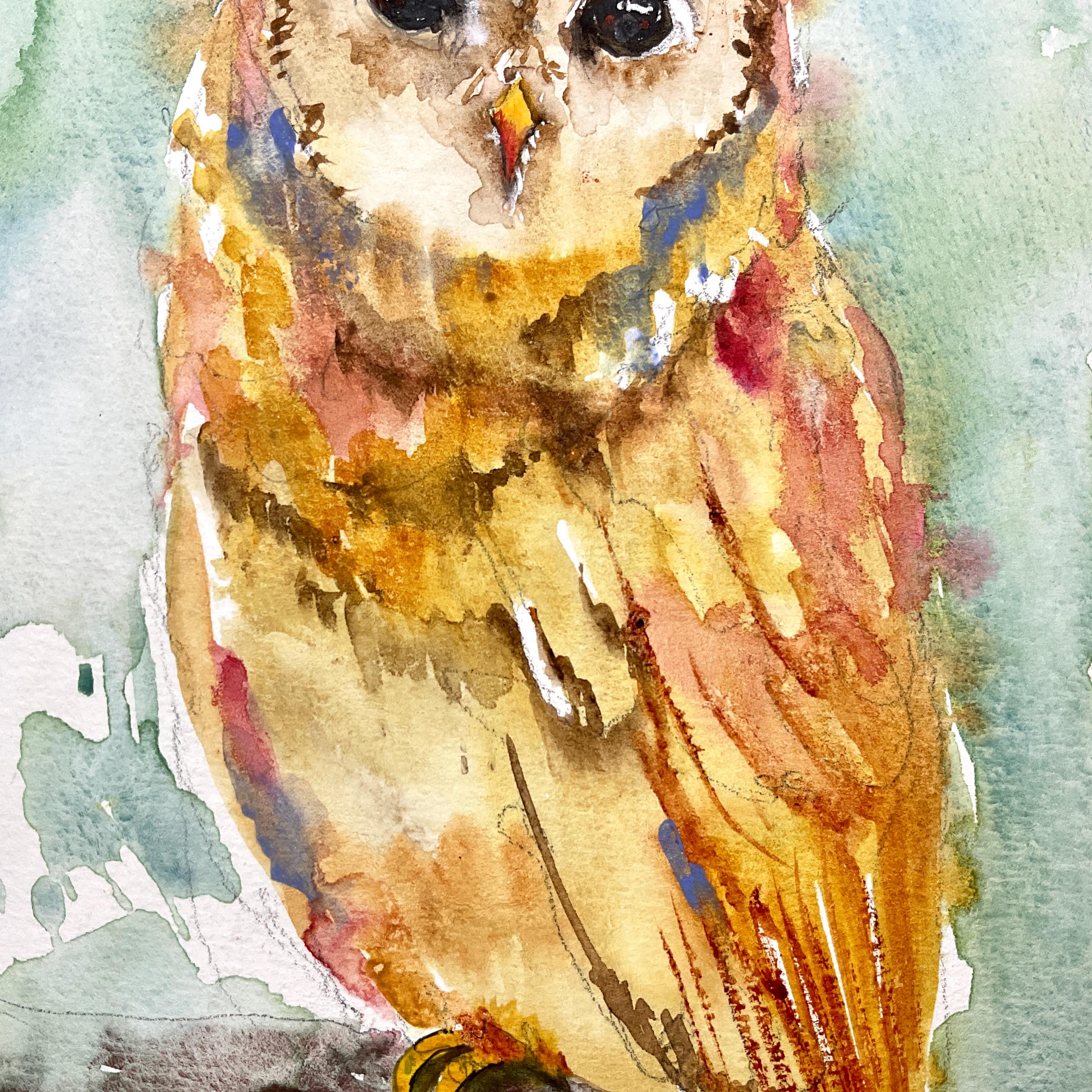 フクロウの水彩画、オリジナルのフクロウの絵画、フクロウの装飾
