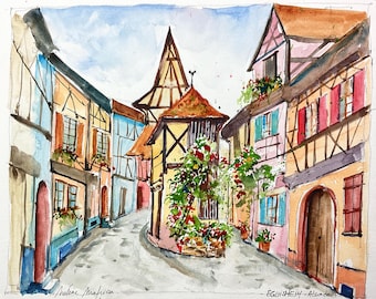 Alsace watercolor, painting of the village of Eguisheim, Alsace wine route, landscape of France, half-timbered house, Alsatian vineyard