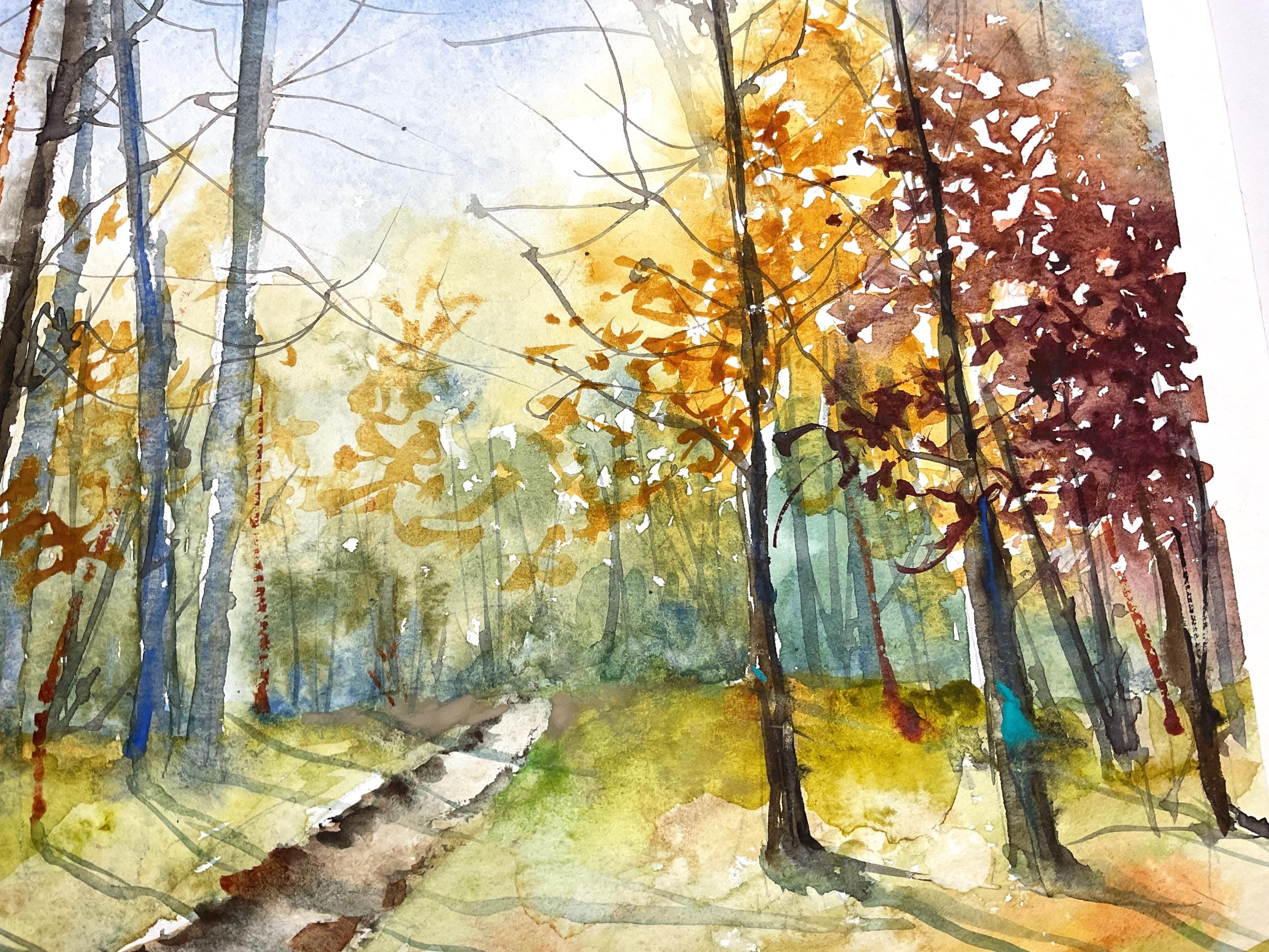 秋の森の風景のオリジナル水彩画、下草の小道の絵、秋の木のイラスト