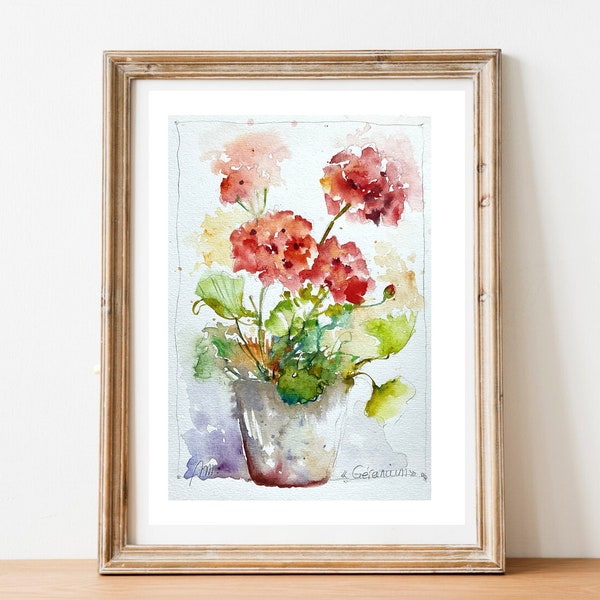 Peinture de fleurs de géraniums rouges, aquarelle originale de fleurs d’été rouges du jardin, cadeau décoration pour la maison, pot fleuri