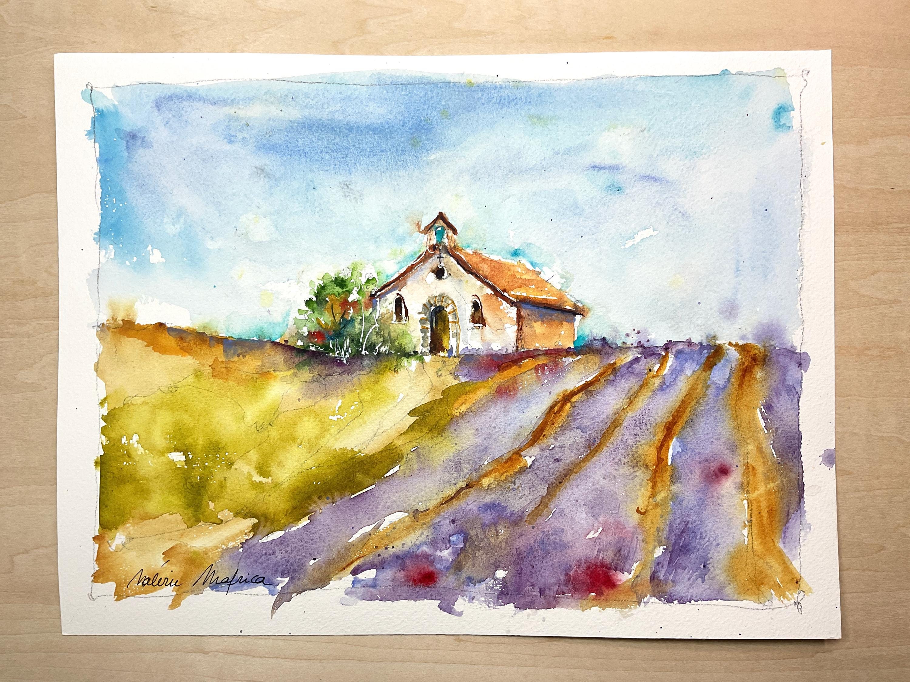 プロヴァンスのラベンダー畑　水彩画　ホワイト額入り ラベンダー畑の水彩画、プロヴァンスの風景画（原画）、田舎の夏の藤色