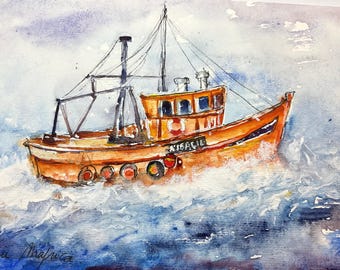 外洋に浮かぶカラフルな漁船の絵画、漁船の水彩画、海の風景、海