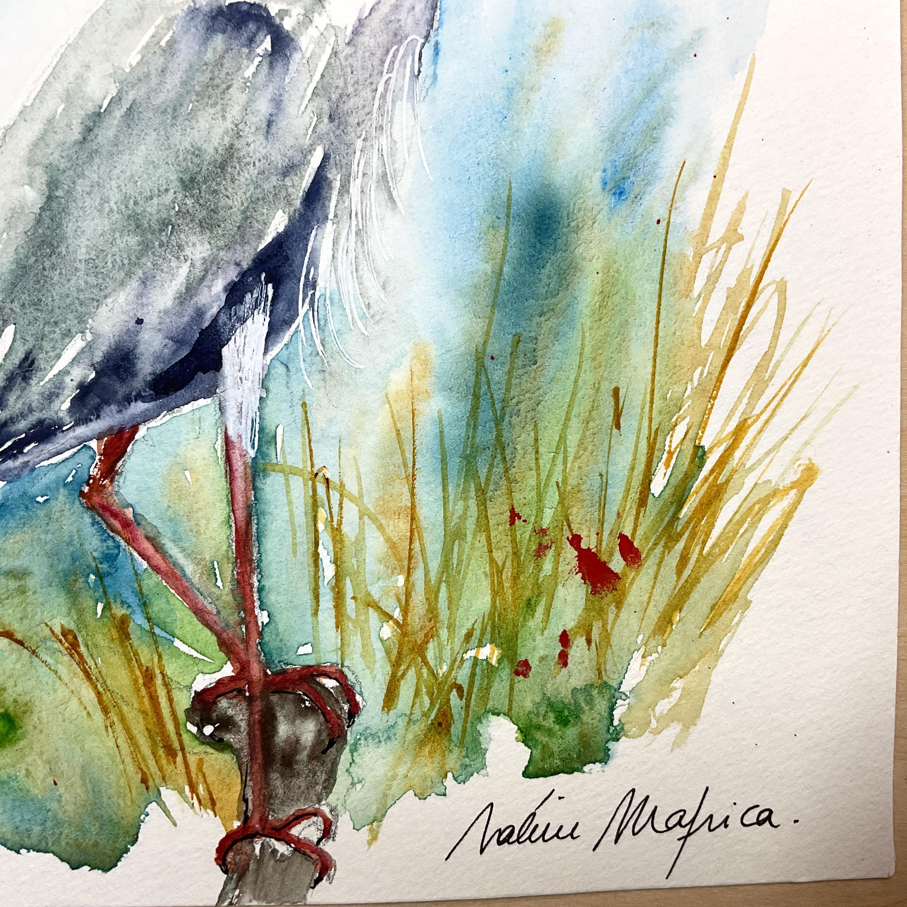 アオサギの絵画、アオサギのオリジナル水彩画、沼地や池の水鳥の絵画