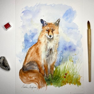 Original watercolor red fox, original painting of a fox, fox art, fox decoration, red fox illustration, little fox, vixen picture image 10