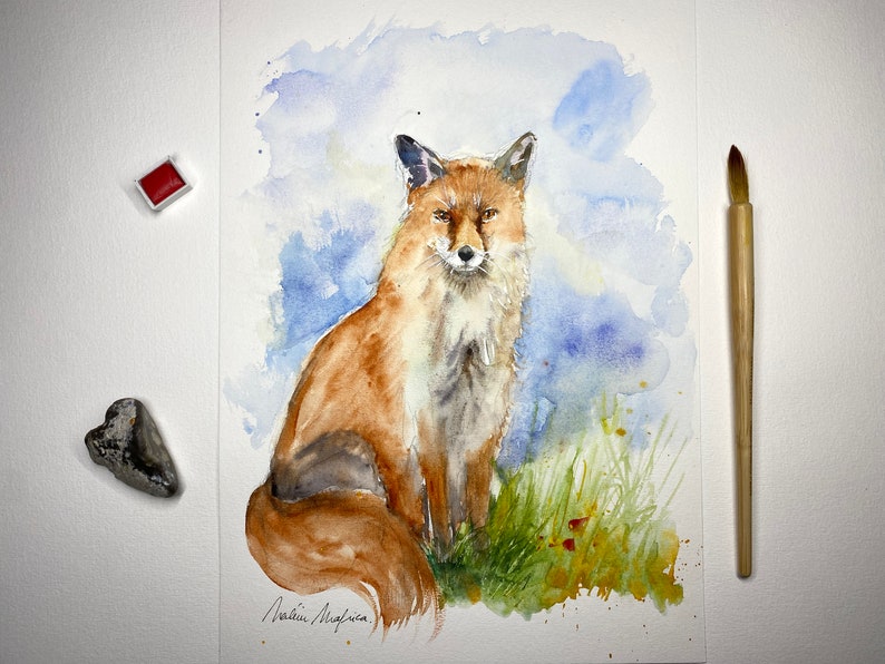 Original watercolor red fox, original painting of a fox, fox art, fox decoration, red fox illustration, little fox, vixen picture image 10