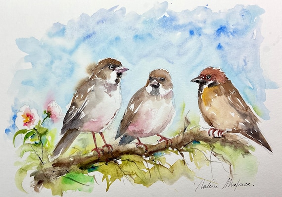 スズメのオリジナル水彩画、枝にとまる鳥の壁飾り、子供部屋の装飾