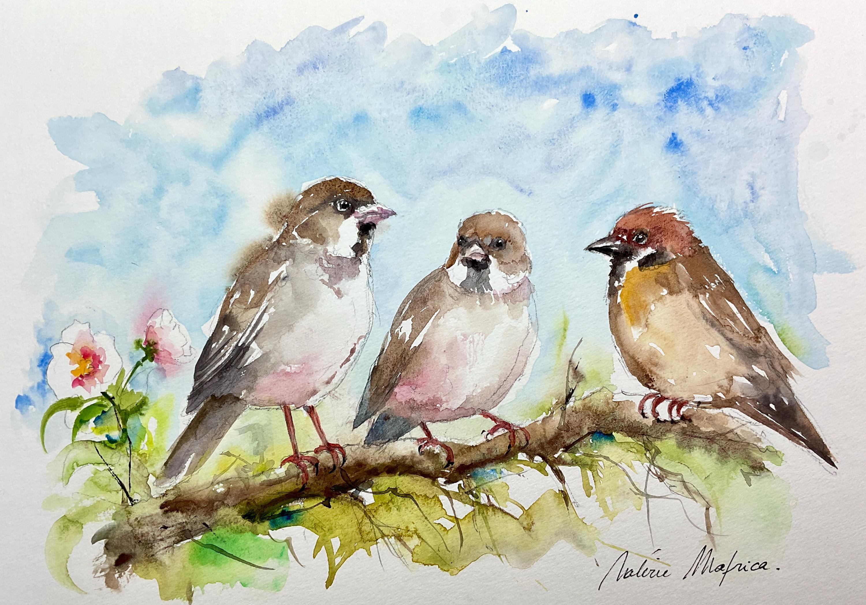 みみ水彩画　枝垂れ梅と雀さん　値段は※900円です スズメのオリジナル水彩画、枝にとまる鳥の壁飾り、子供部屋の装飾