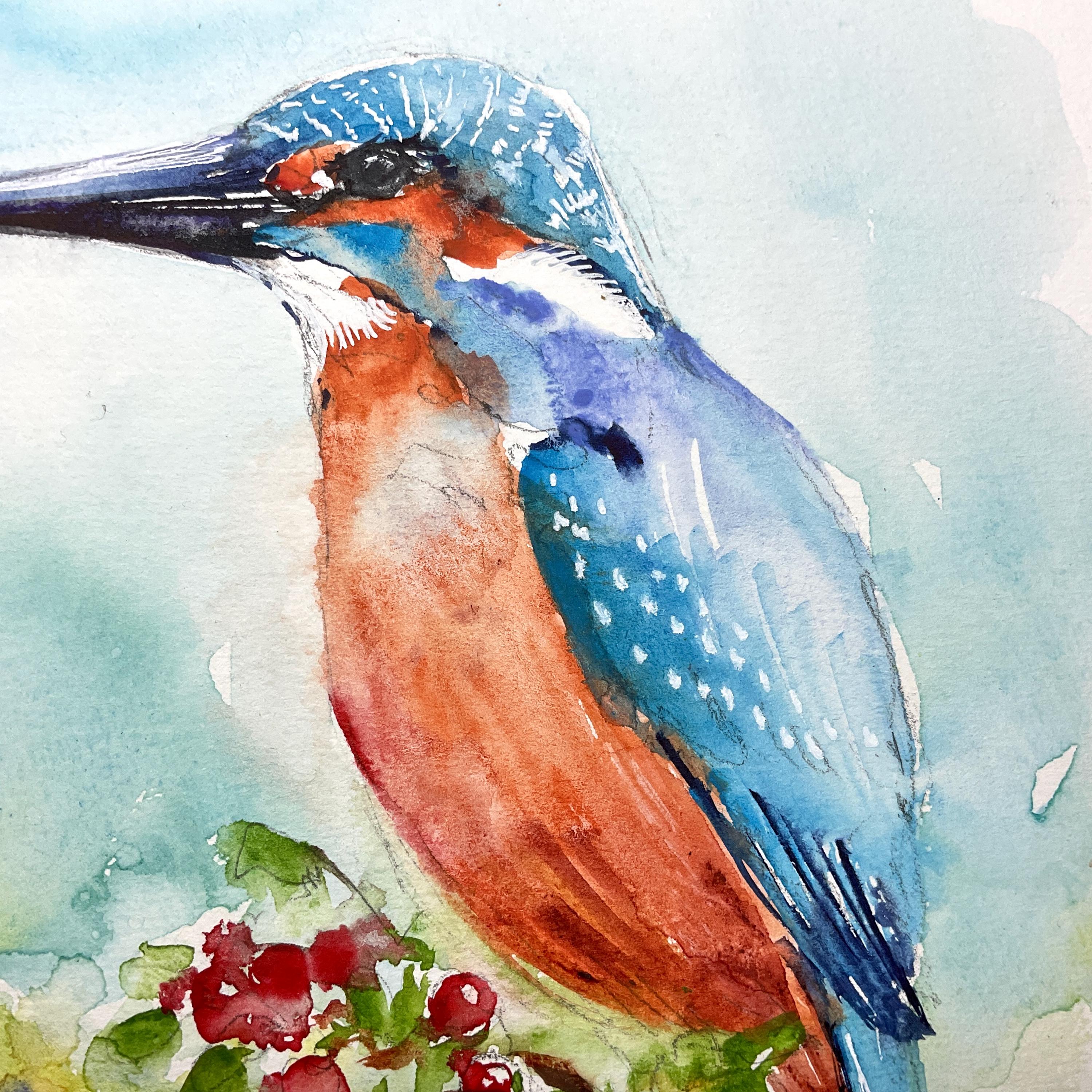 カワセミのオリジナル水彩画、鳥類学の壁画、池や森の美しい色鮮やかな