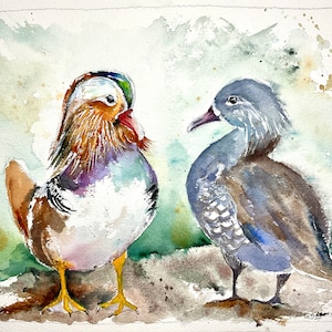 Original painting of a couple of Mandarin ducks, Authentic watercolor of a male and a female of palmipeds in love, Couple of colorful birds