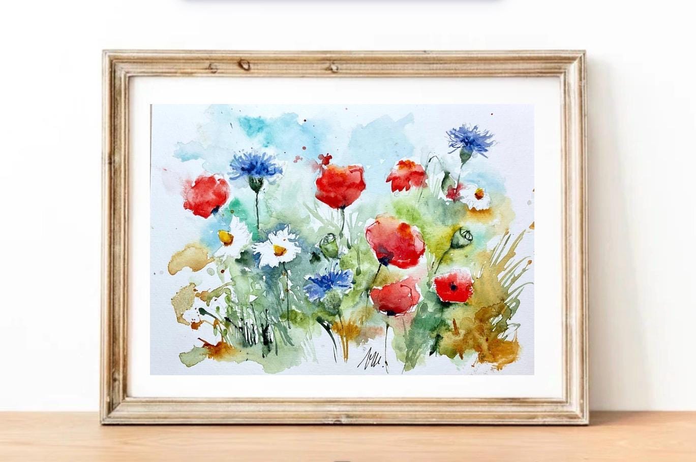 ポピーの水彩画、野原の赤いポピーの花のオリジナルアート、野生の花の