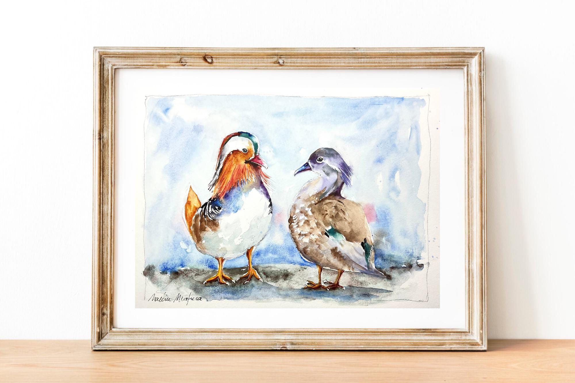 オシドリのつがいのオリジナル絵画、水かきのある鳥のオスとメスの恋の