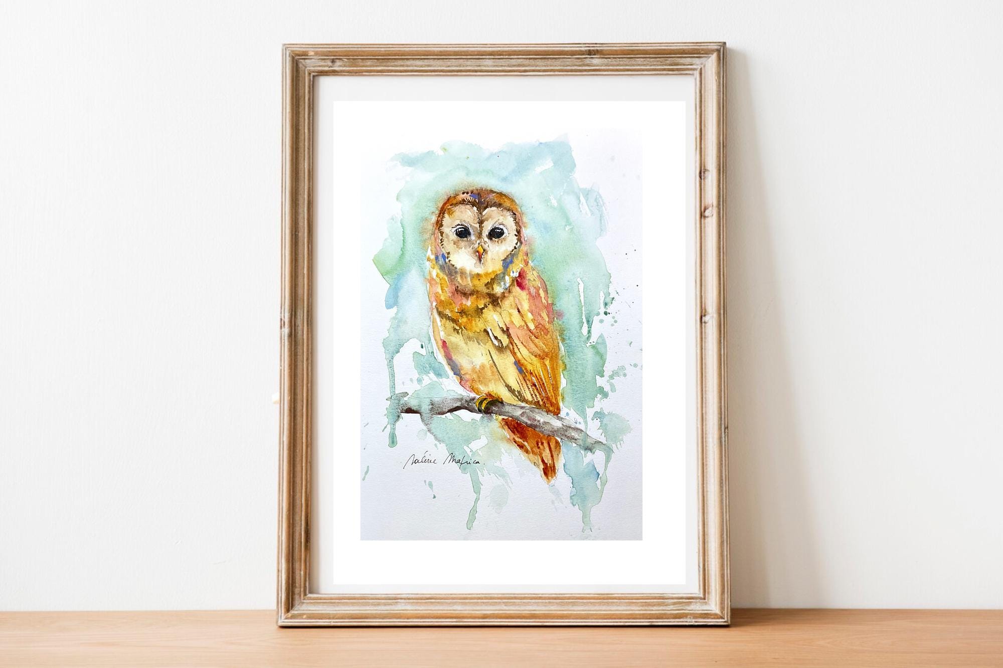 フクロウの水彩画、オリジナルのフクロウの絵画、フクロウの装飾