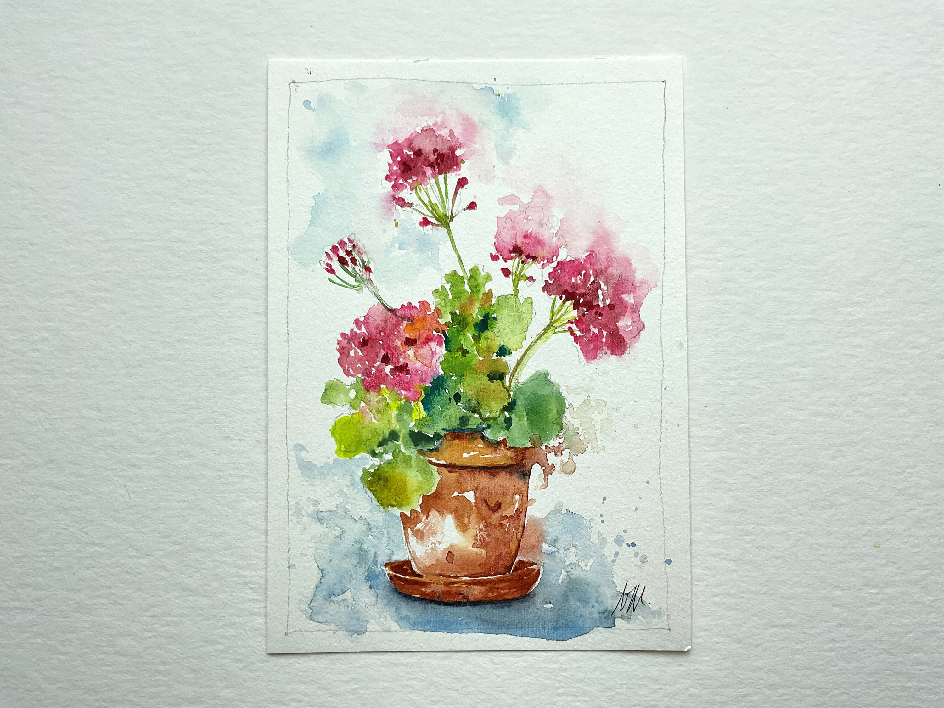 ピンクのゼラニウムの花の絵画、庭からのピンクの夏の花のオリジナルの