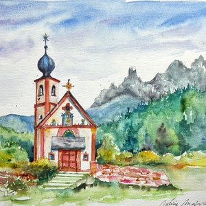 Kapelle San Giovanni Alpen Tirol Italien, Dolomiten, Original Aquarell Landschaftsmalerei, Val de Funes Santa Maddalena