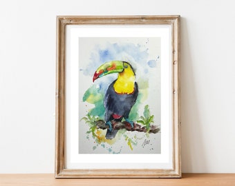 オリジナルの水彩画のオオハシ、エキゾチックな鳥の絵、ジャングルの鳥