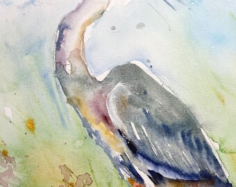アオサギの絵画、オリジナルの水彩画、湿地や池の水鳥の絵画、鳥