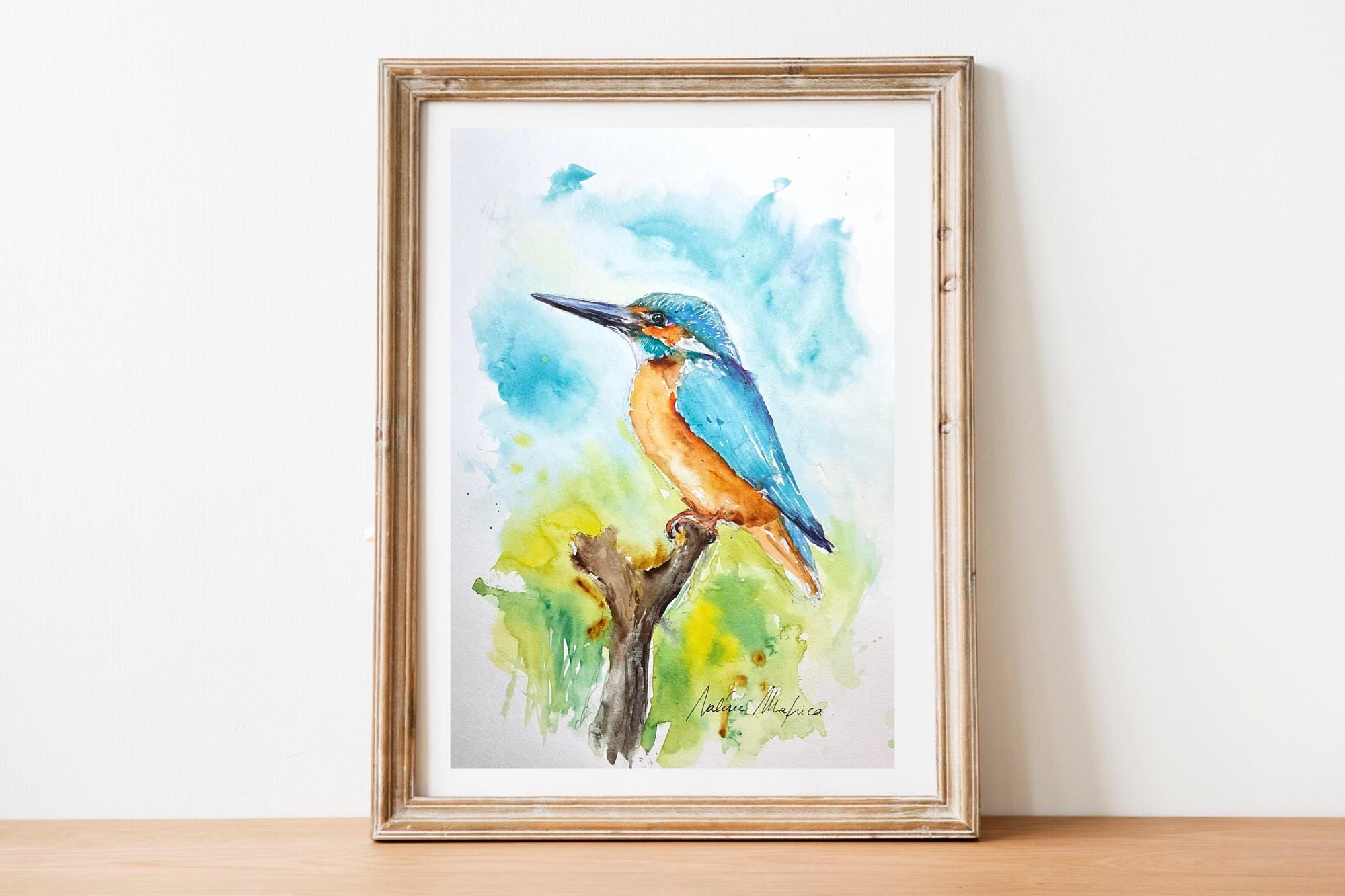 カワセミのオリジナル水彩画、鳥類学の壁画、池や森の美しい色鮮やかな