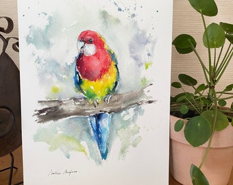 カワセミのオリジナル水彩画、鳥類学の壁画、池や森の美しい色鮮やかな