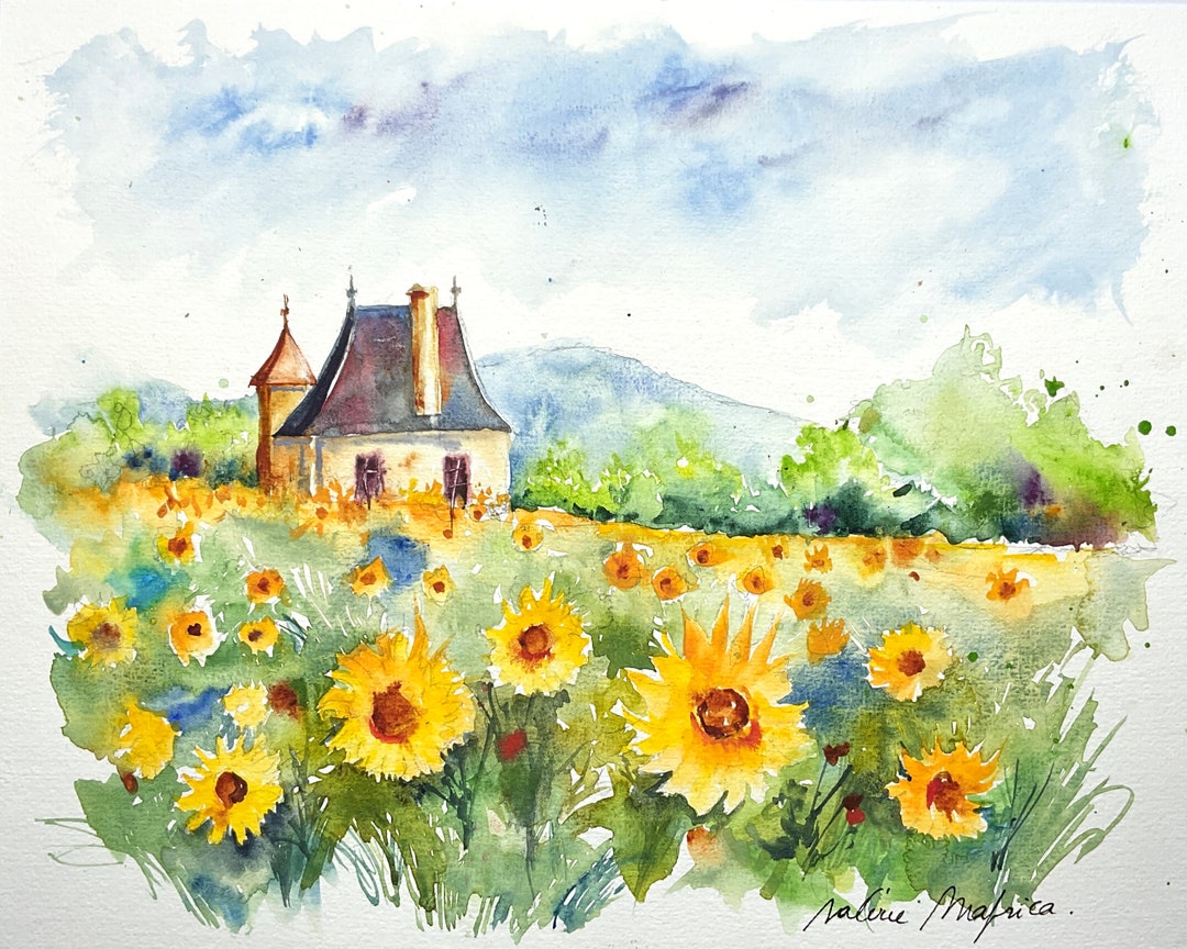 Sunflowers Field Watercolor Original Painting, Fields of Yellow Flowers ...