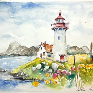 Pintura de faro, paisaje de acuarela de faro, pintura de paisaje marino, decoración temática oceánica, faro del puerto, escena marina