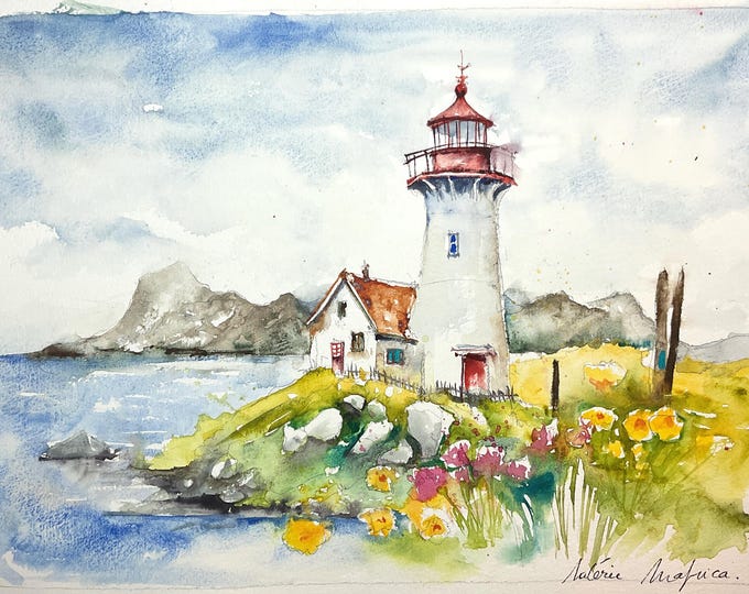 Lighthouse Painting, Lighthouse Watercolor Landscape, Seascape Painting ...