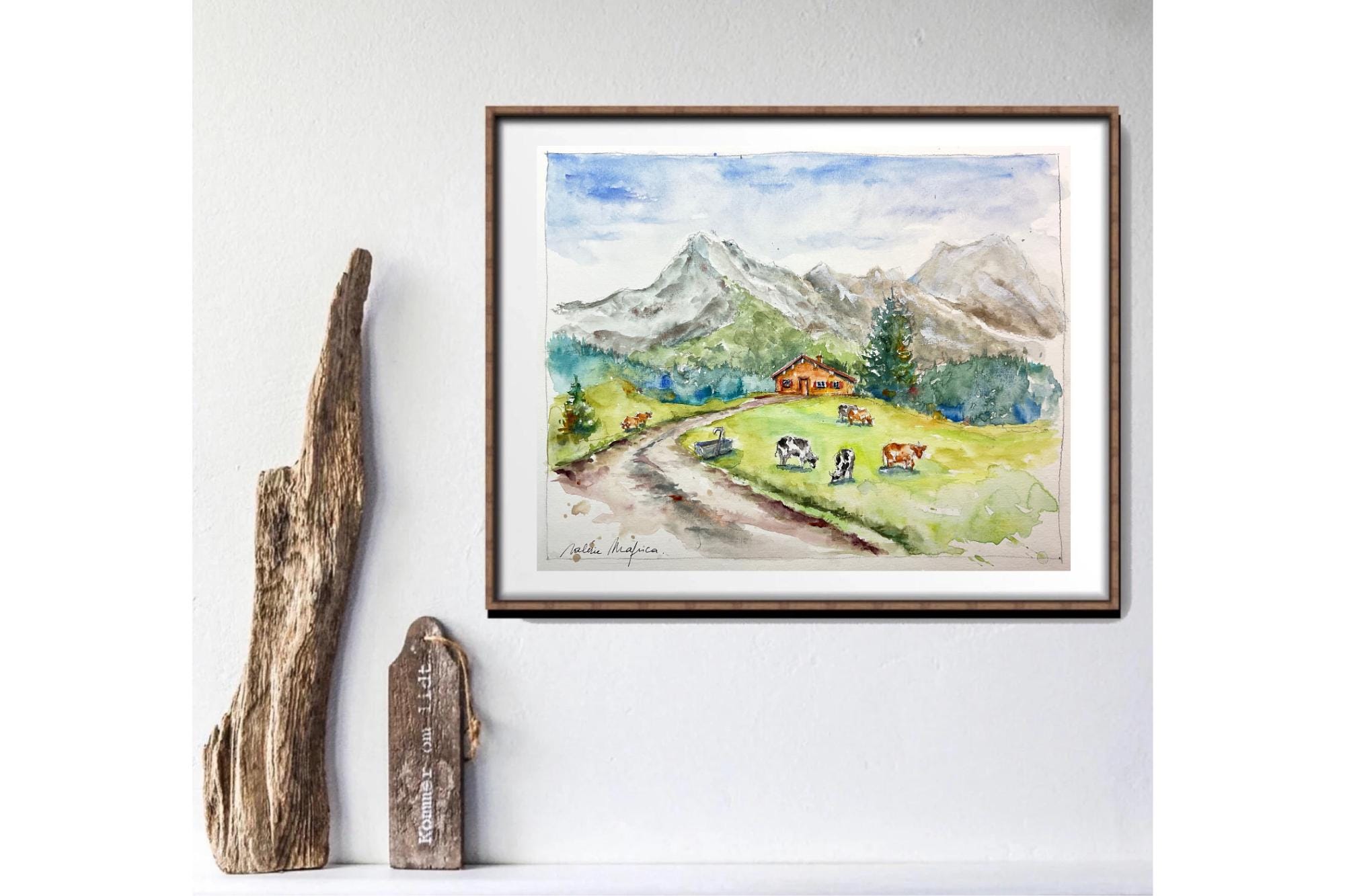 夏の山のオリジナル水彩画、山の風景画、アルプスの水彩画、アラヴィス