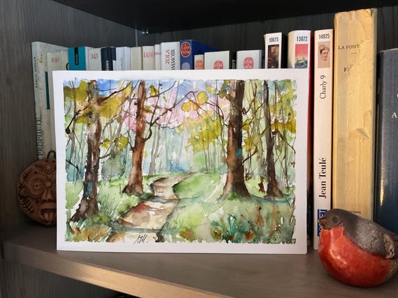 水彩画の春の森の風景、明るい下草のオリジナル絵画、緑の森の壁の装飾