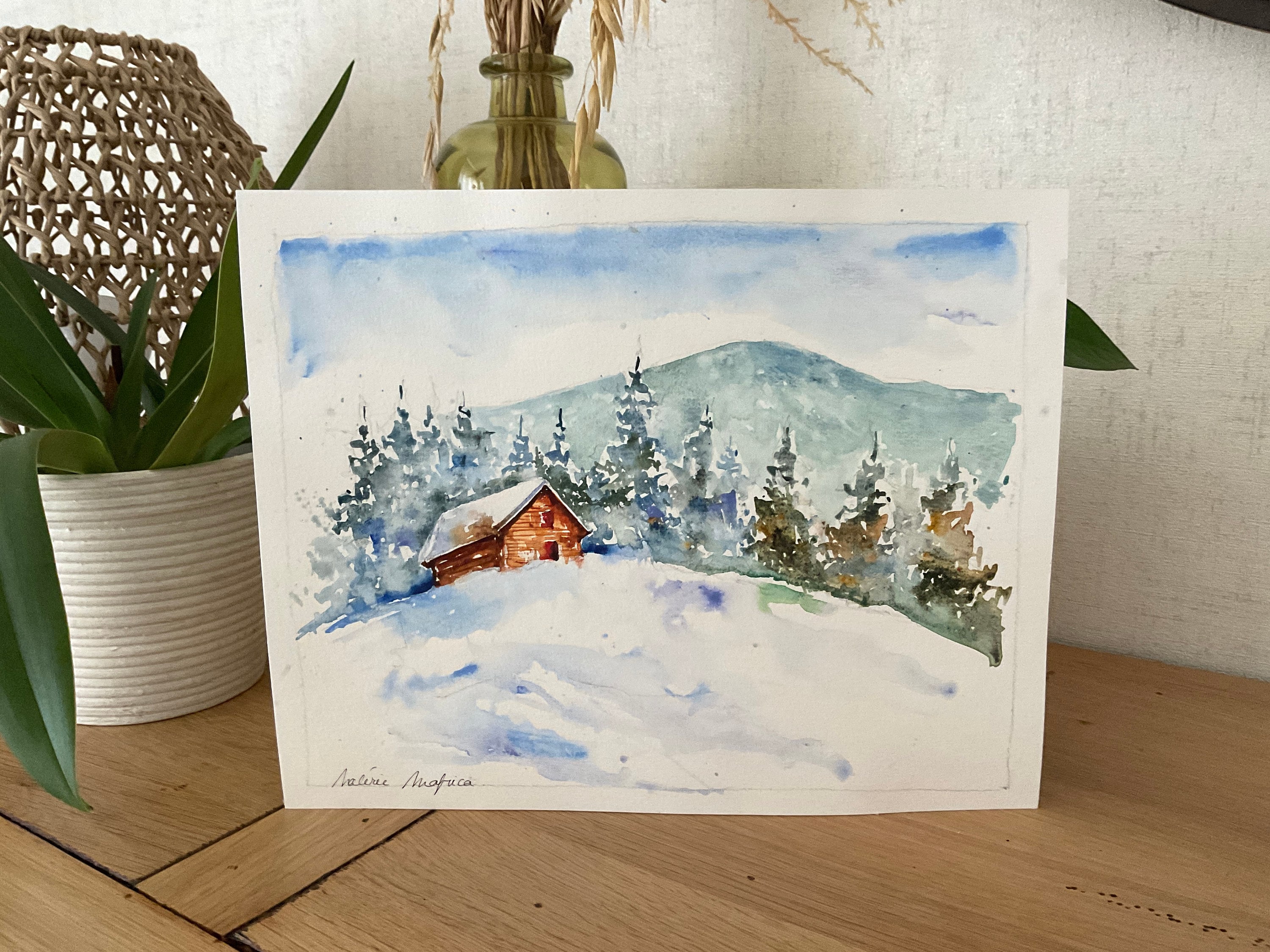 冬の山の風景、雪に覆われた丘のオリジナルの水彩画、雪景色、アルプス