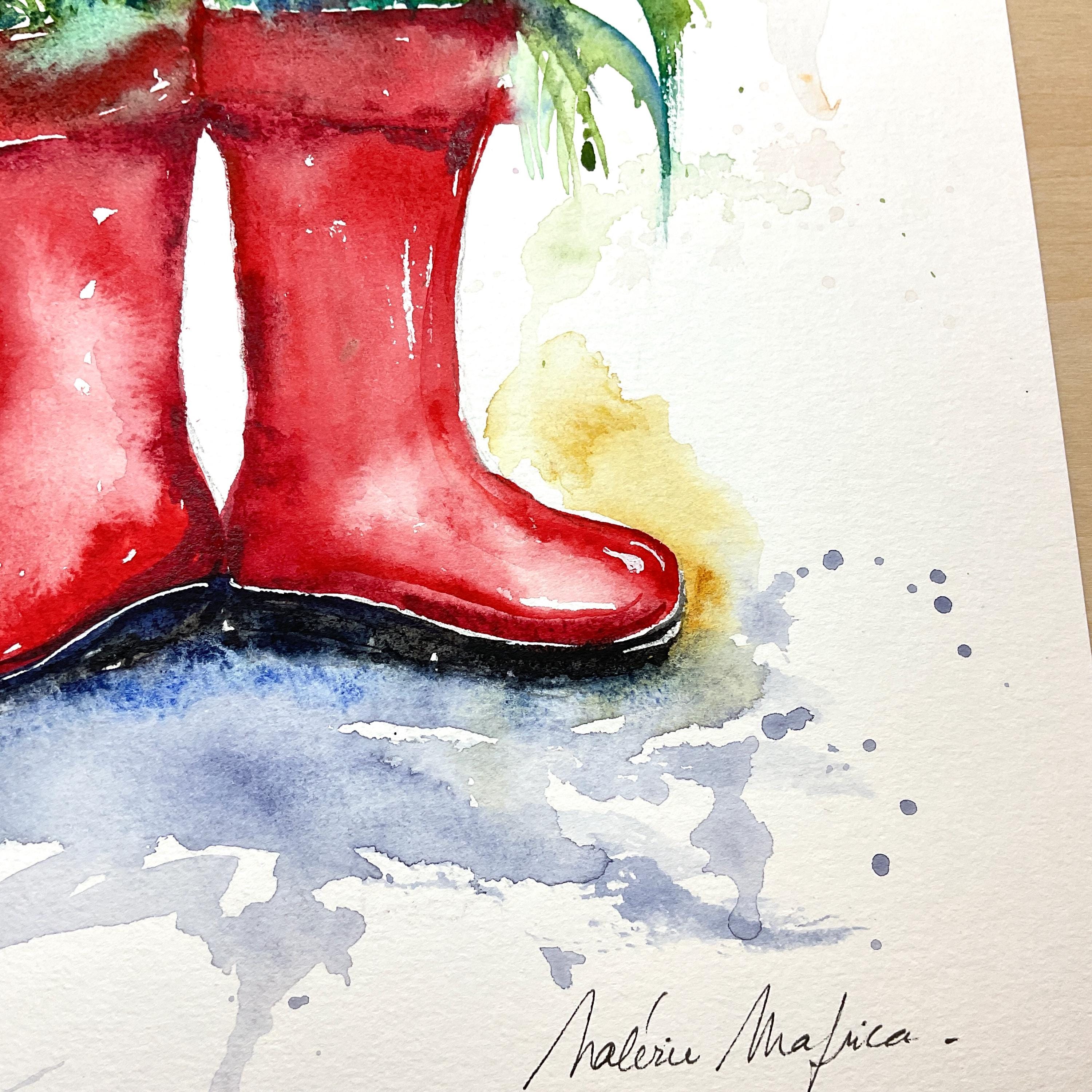 水彩画 原画 ブーツ Painting of a Pair of Red Rubber Boots, Original Watercolor