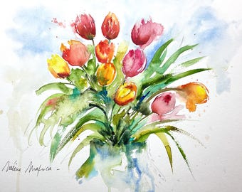 水彩画の花束、花瓶に描かれた庭の花の絵、色とりどりの花束、女性への