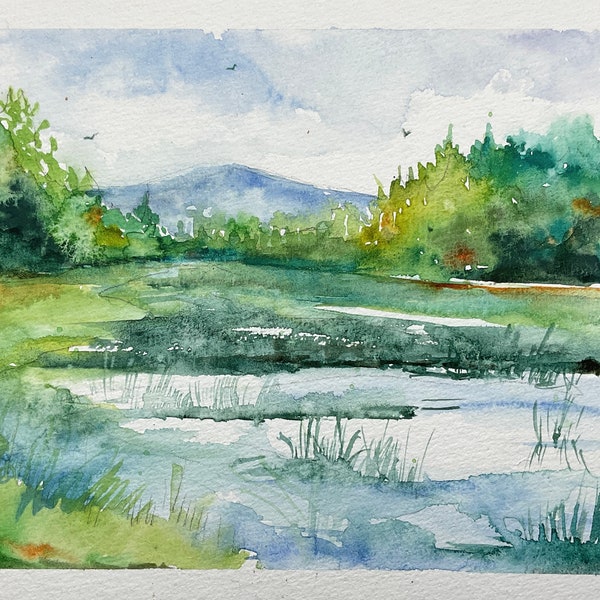 Peinture de rivière en été en aquarelle originale, paysage de rivière qui coule entre les arbres, croquis aquarelle de nature verte, art