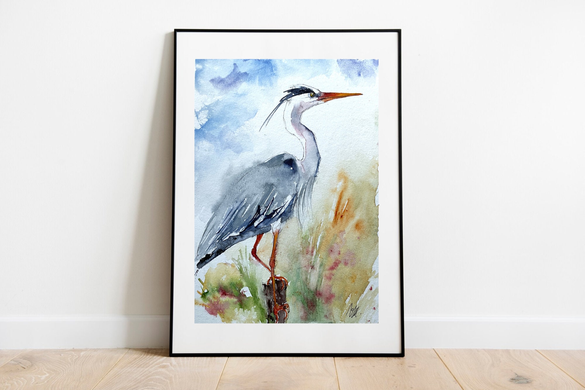 アオサギの絵画、オリジナルの水彩画、湿地や池の水鳥の絵画、鳥の