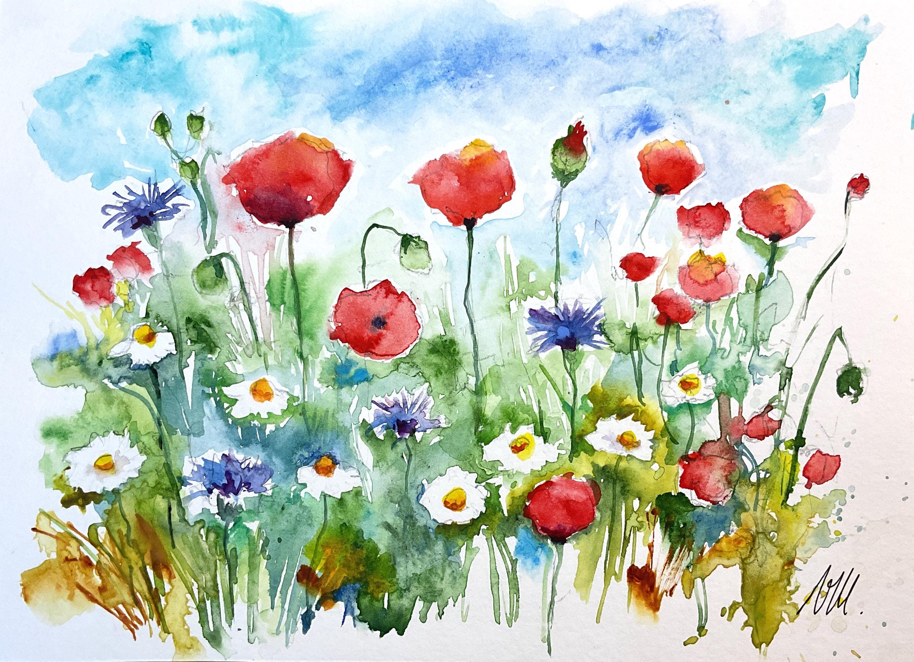 ポピーの水彩画、野原の赤いポピーの花のオリジナルアート、野生の花の