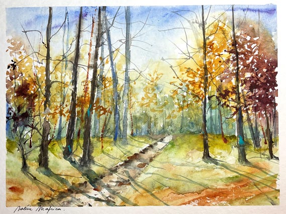 秋の森の風景のオリジナル水彩画、下草の中の小道の絵、秋の木々の