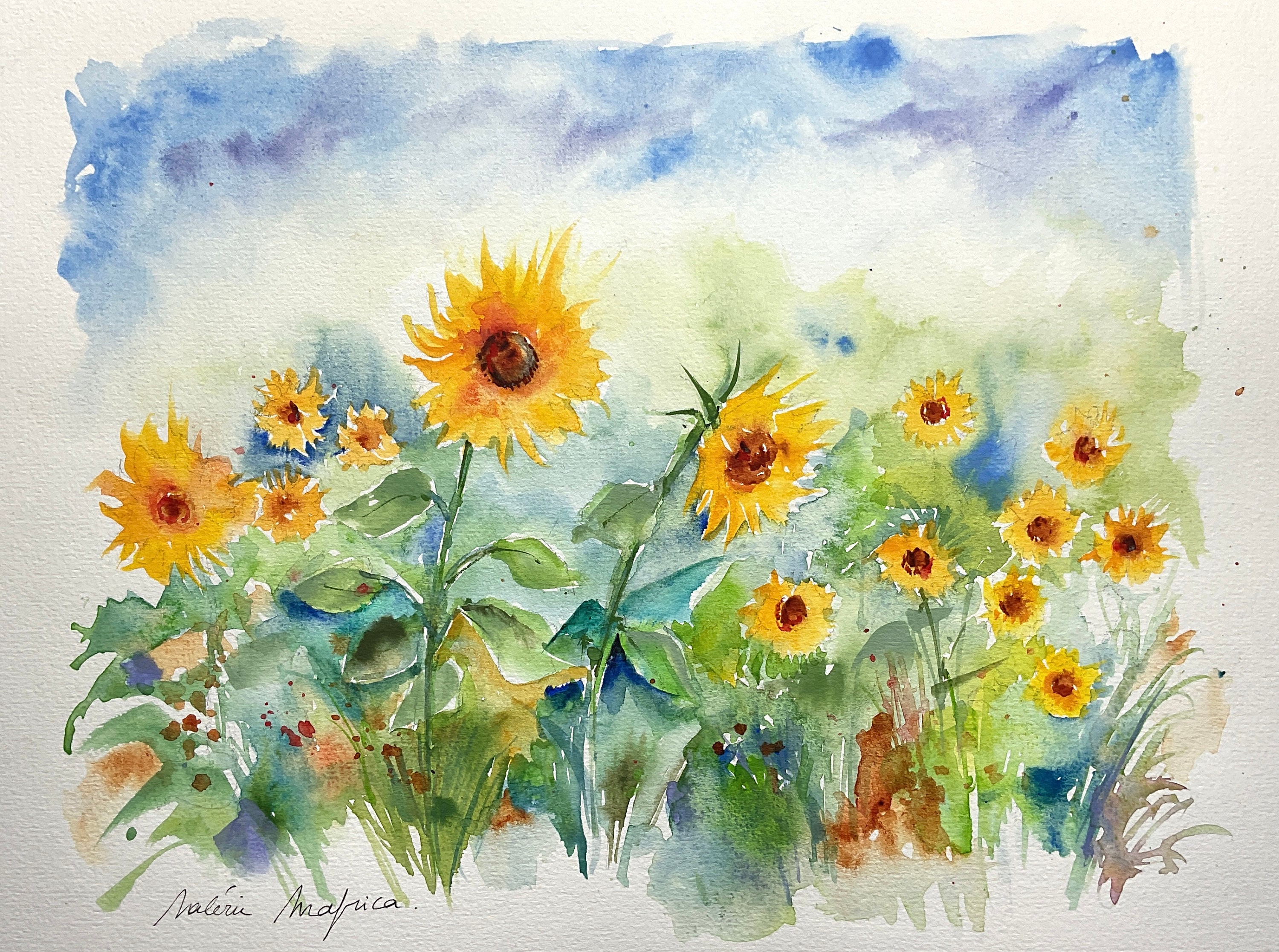 ひまわり畑の水彩画、ひまわりの原画、田舎の夏の花畑、典型的な