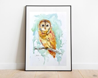 フクロウの水彩画、オリジナルのフクロウの絵画、フクロウの装飾