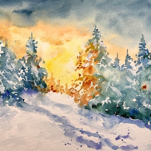 Tramonto su una montagna innevata in acquerello originale, dipinto delle Alpi al tramonto, cielo splendente e abeti bianchi