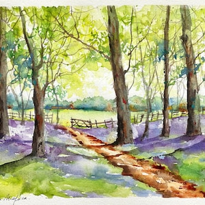 Foresta in primavera in acquerello originale, pittura forestale, pittura murale solare tra gli alberi, campanule, poster di alberi