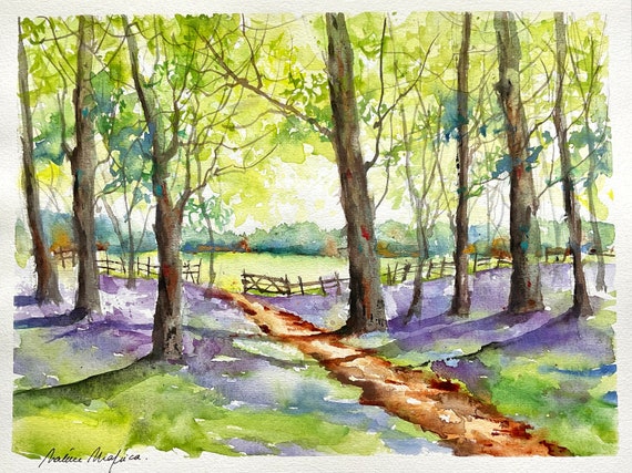オリジナルの水彩画で描かれた春の森、森の絵画、木々の中の太陽の壁画