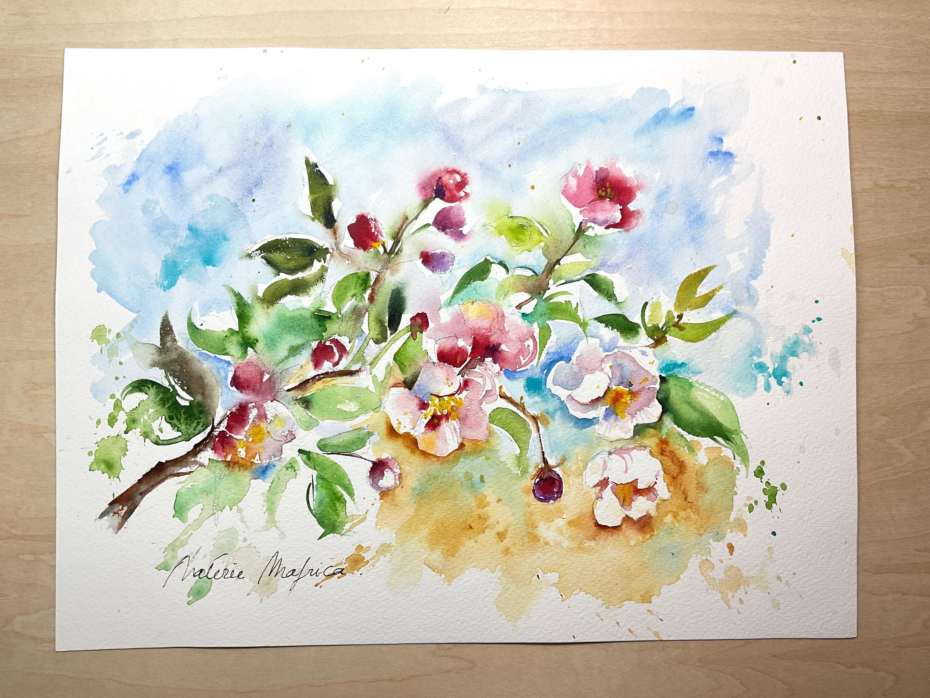 春のリンゴの花の水彩画、ピンクの木の花の花束のオリジナル絵画、再生