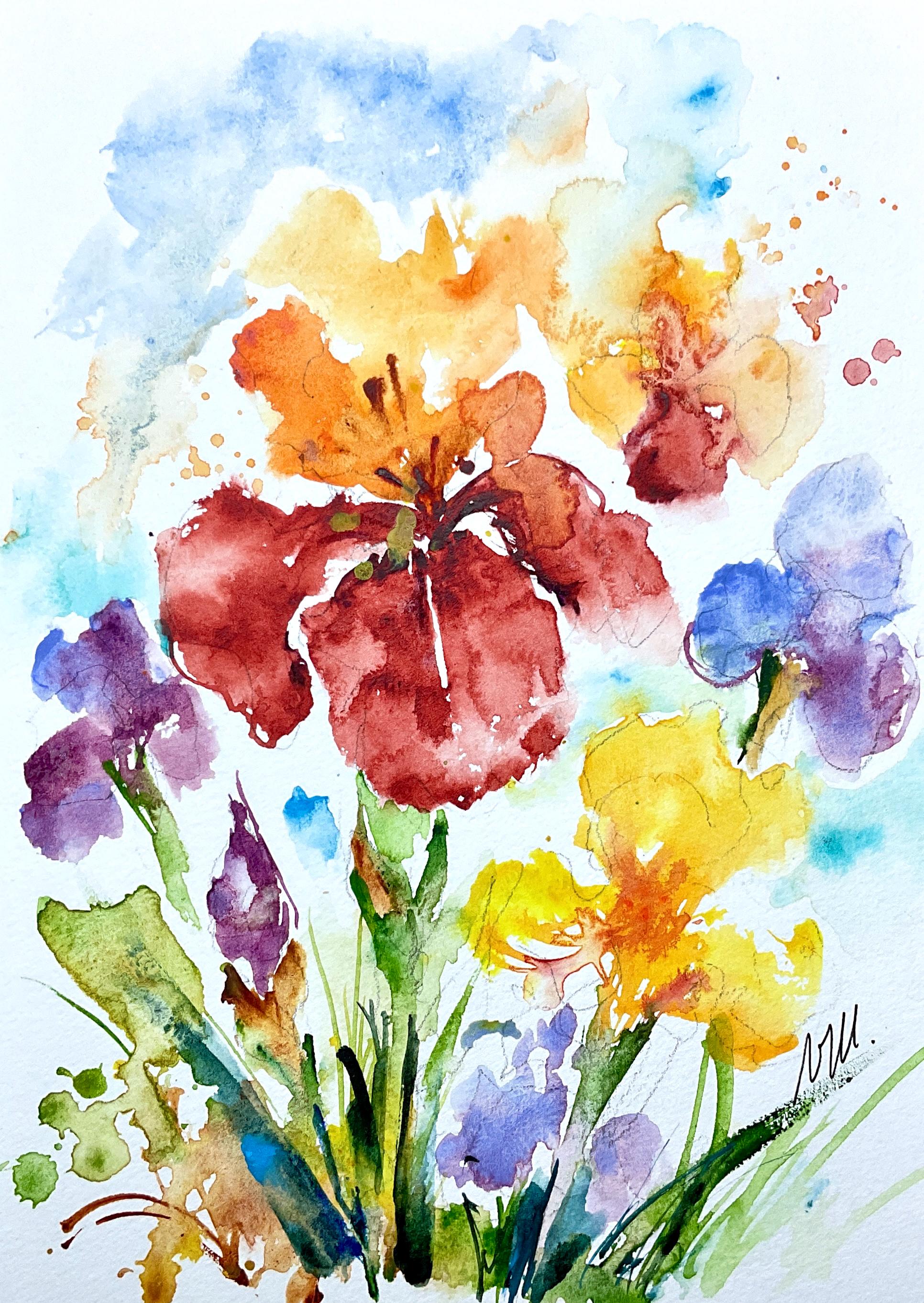 絵画「あやめ摘む」　水彩画 庭に咲く色とりどりのアヤメを描いたオリジナルの水彩画。春には鮮やか