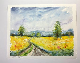 風景の水彩画 (田園風景)額入り オリジナルの水彩画で描かれた春の田園風景、明るい菜種畑とハイキング