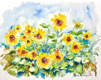 ひまわり畑の水彩画、ひまわりの原画、田舎の夏の花畑、典型的な
