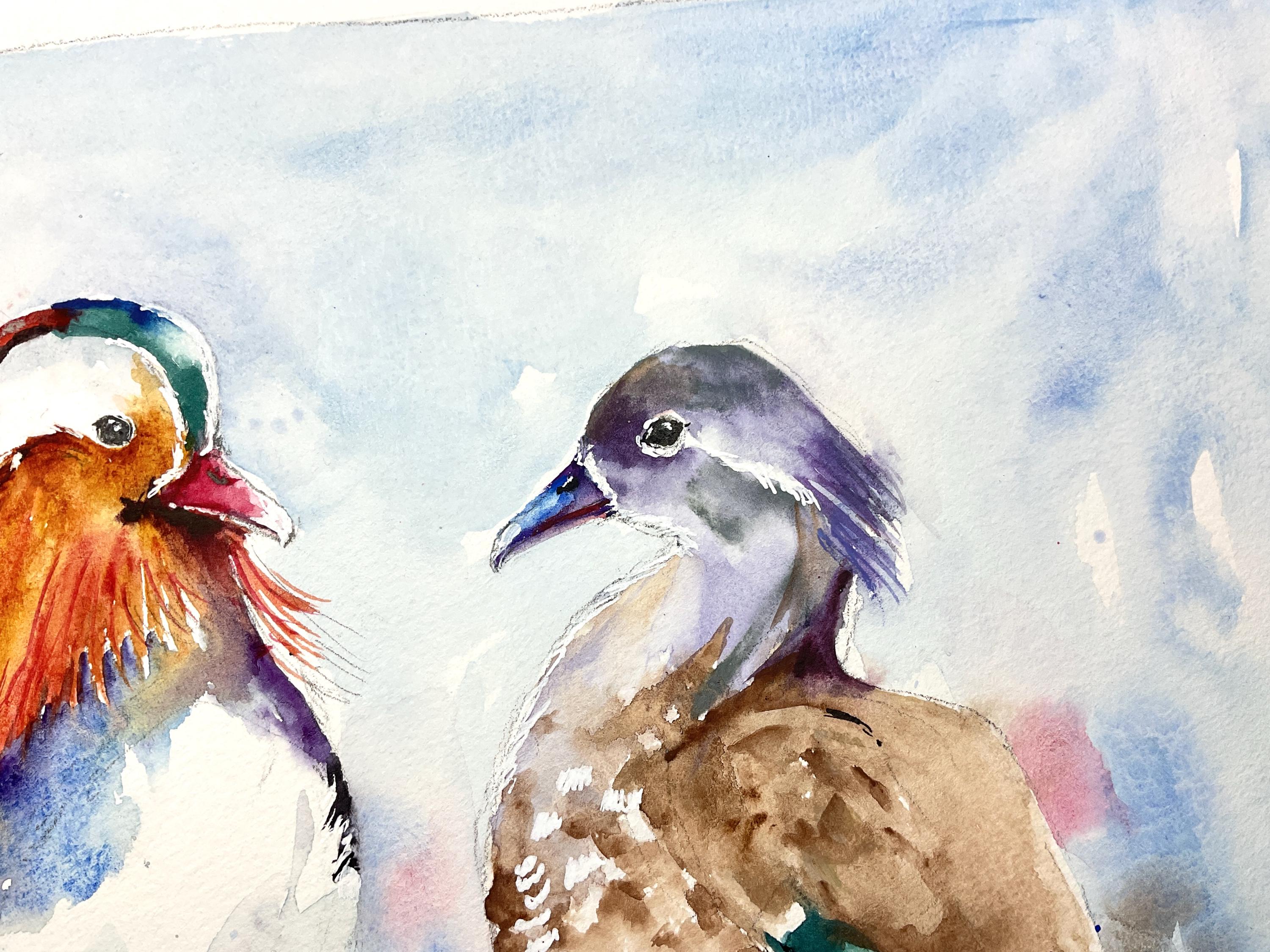 オシドリのつがいのオリジナル絵画、水かきのある鳥のオスとメスの恋の