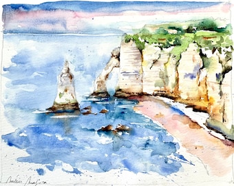 Originale Aquarelllandschaft der Klippen von Etretat, Landschaftsmalerei von Klippen am Meer, wilde Küste der Normandie