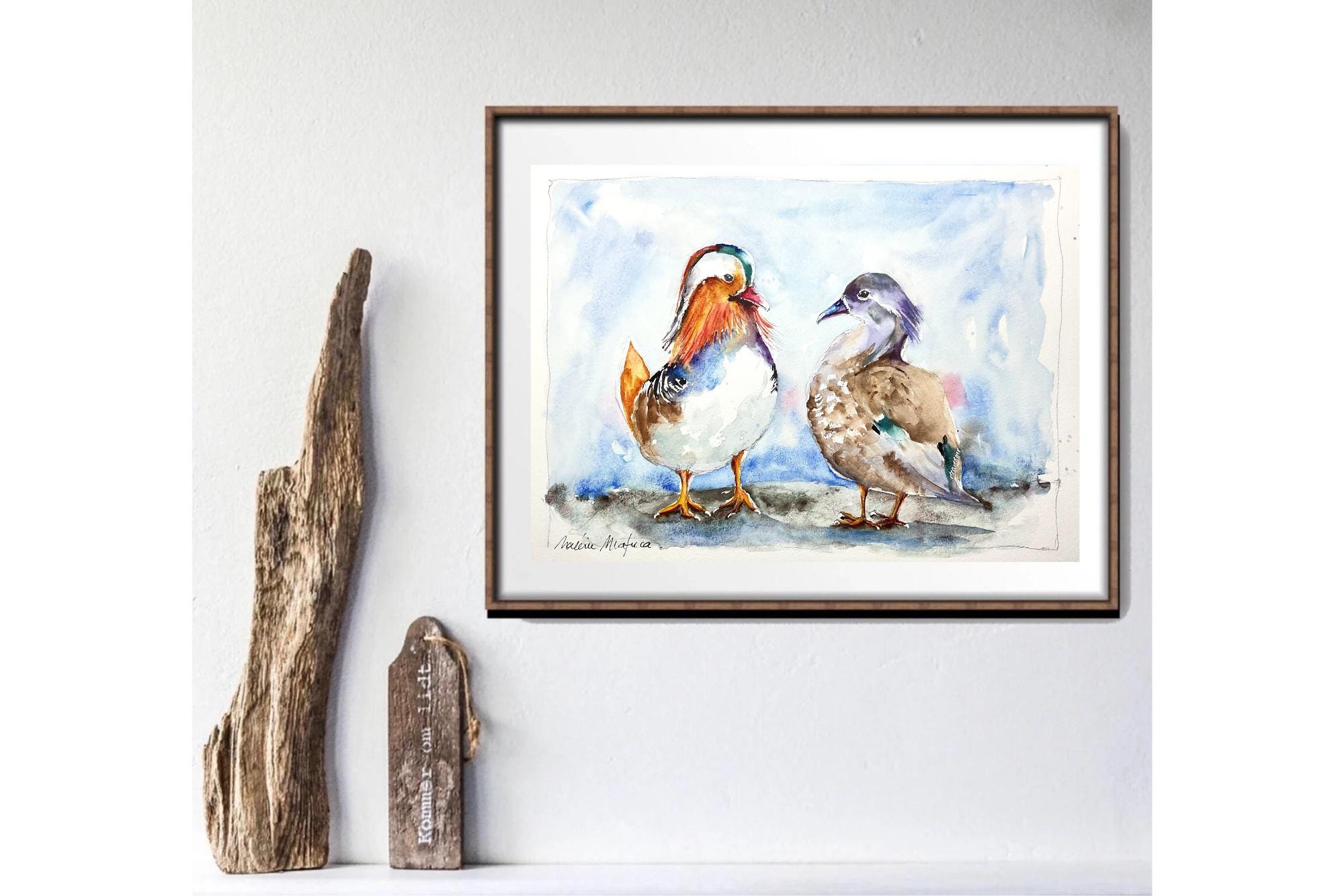 オシドリのつがいのオリジナル絵画、水かきのある鳥のオスとメスの恋の