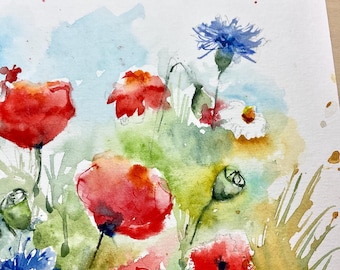 ポピーの水彩画、野原の赤いポピーの花のオリジナルアート、野生の花の
