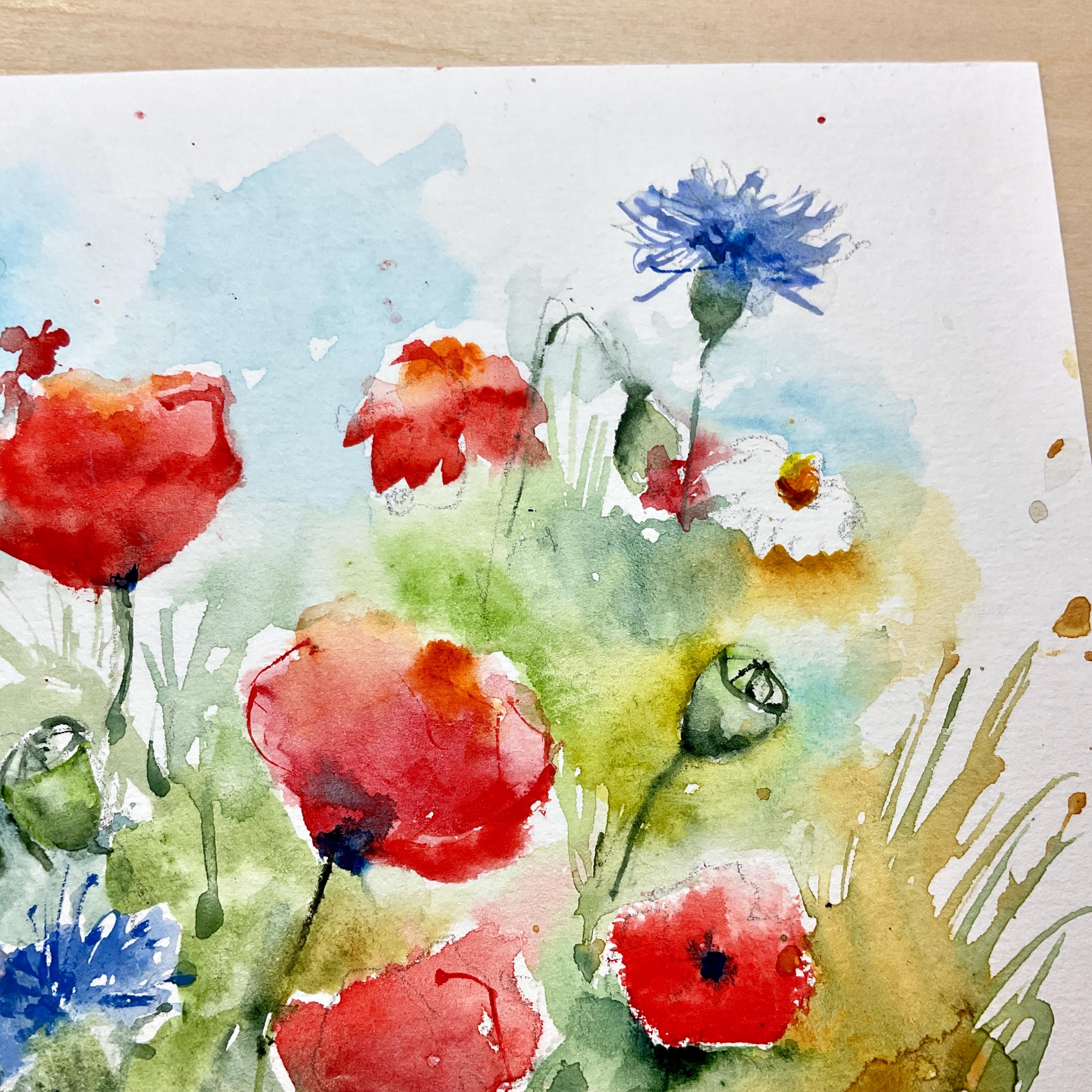 ポピーの水彩画、野原の赤いポピーの花のオリジナルアート、野生の花の