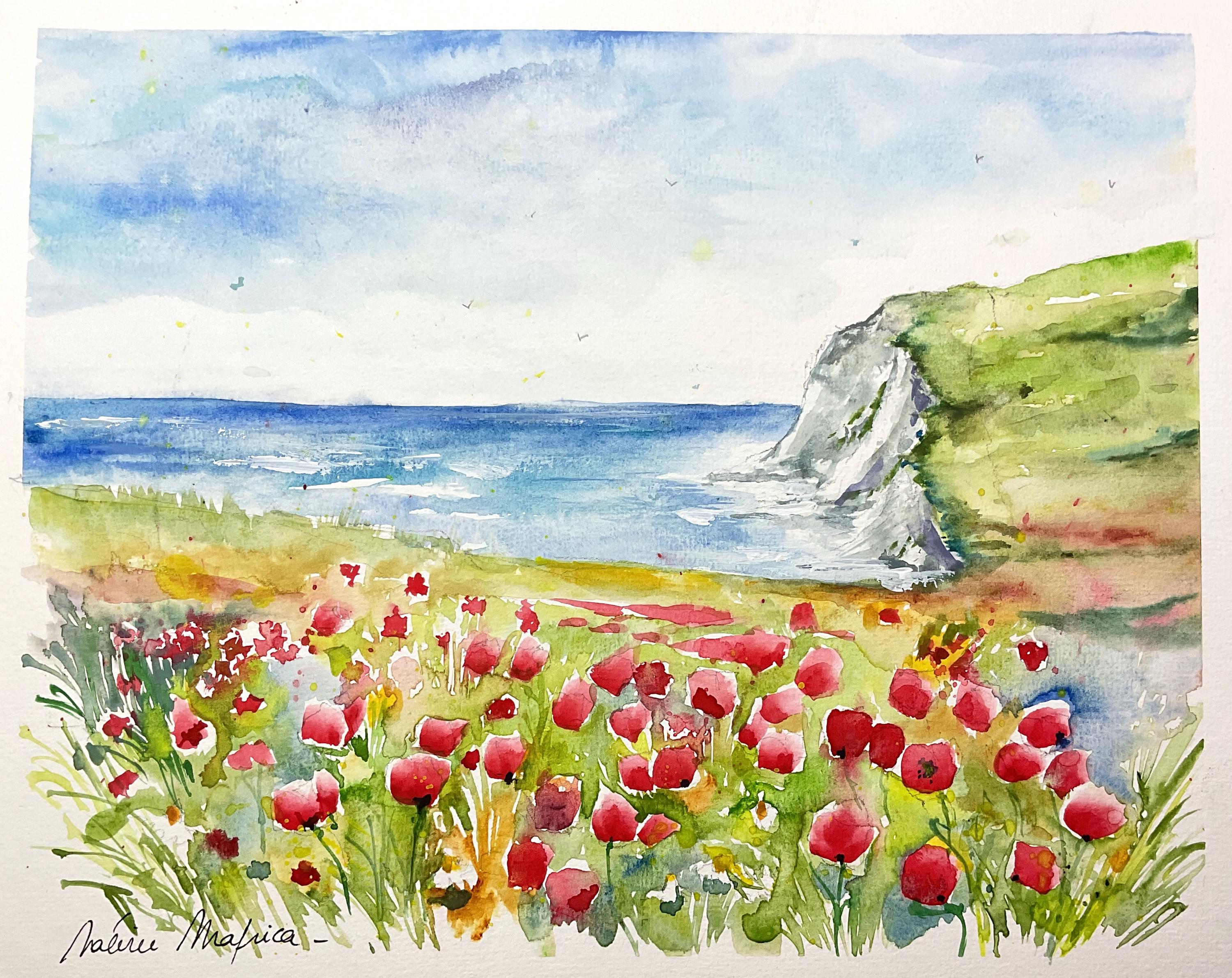 フレンチ水彩画 price down 14800->8000 Original Watercolor Landscape of the Cliffs of Cap Blanc Nez Cote